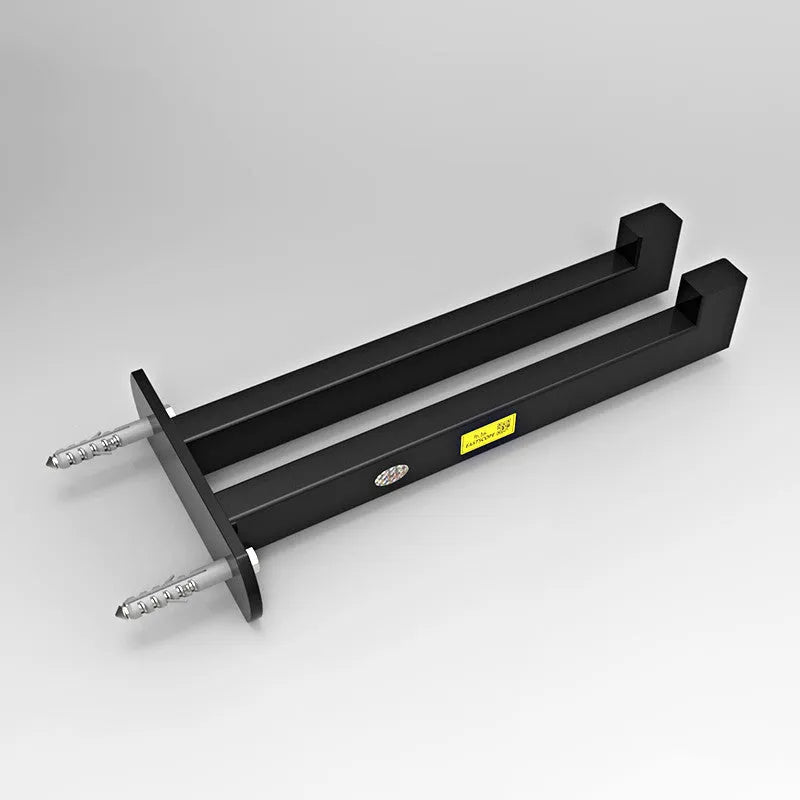 Wall mounted steel barbell holder in matte black finish holding multiple bars in home gym
