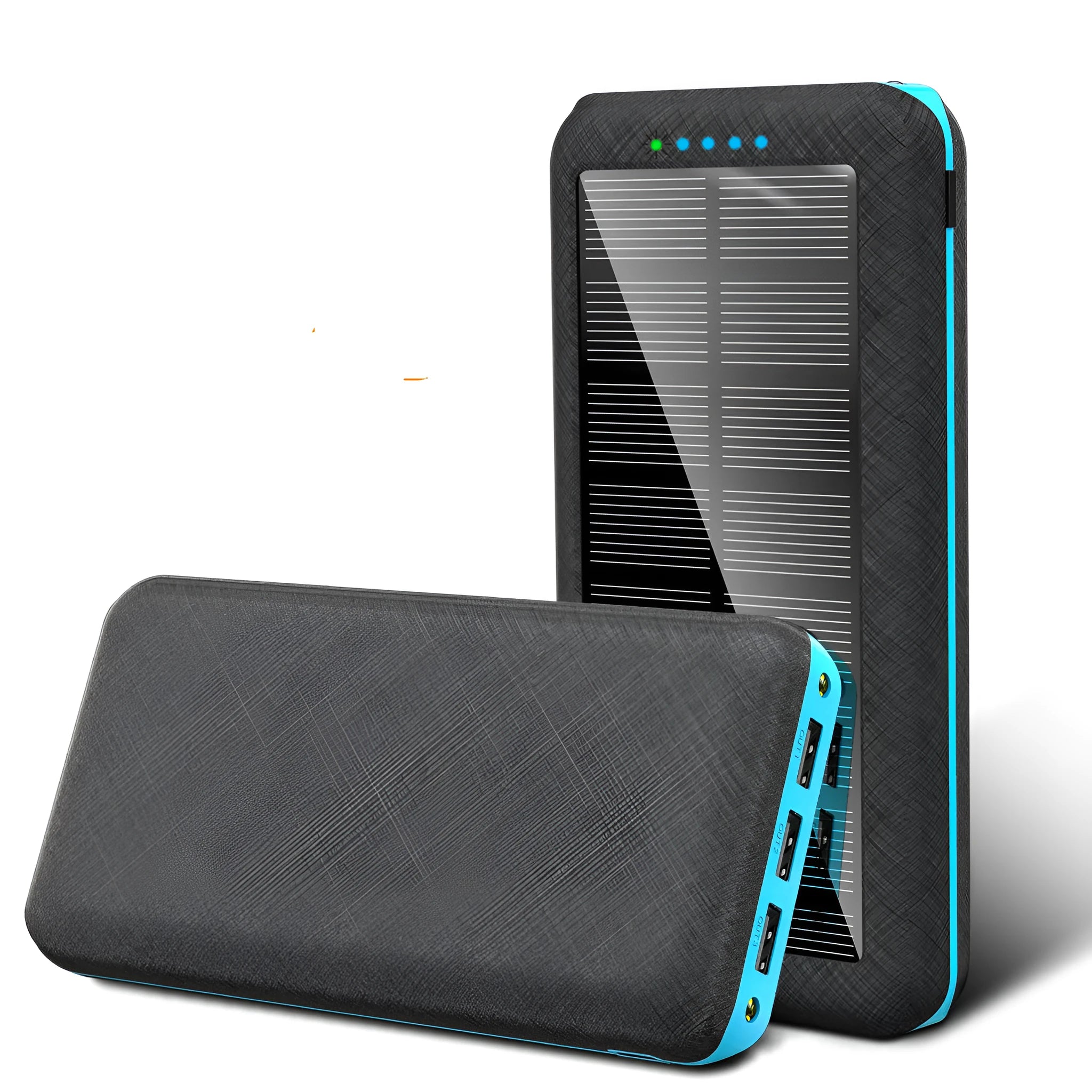 Black portable power bank with wireless Qi charging pad, three USB ports, and LED flashlight for iPhone Samsung Xiaomi phones