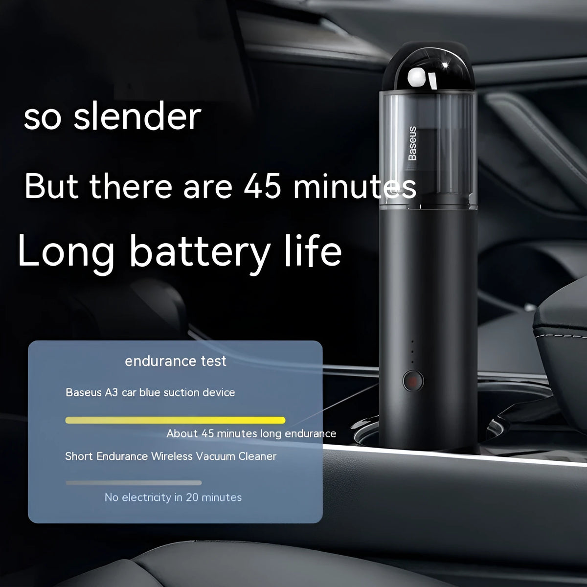 BASEUS A3 black cordless car vacuum cleaner with slender cylindrical design