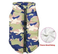 Pet fleece zipper waterproof cotton-padded coat in dark blue, leopard print or camouflage, sizes S to 5XL.