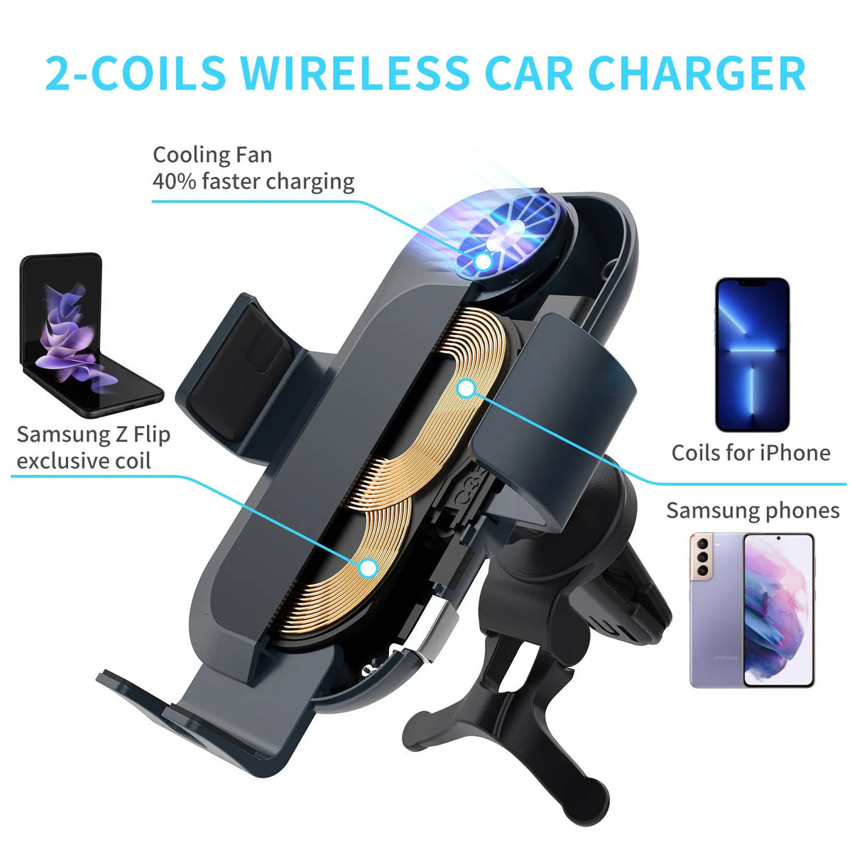 Black car wireless phone charger mounted on air vent with smartphone charging automatically clamped