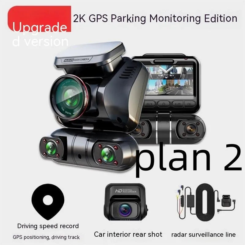 Panoramic four-lens car dashboard camera with 2-inch screen mounted in vehicle