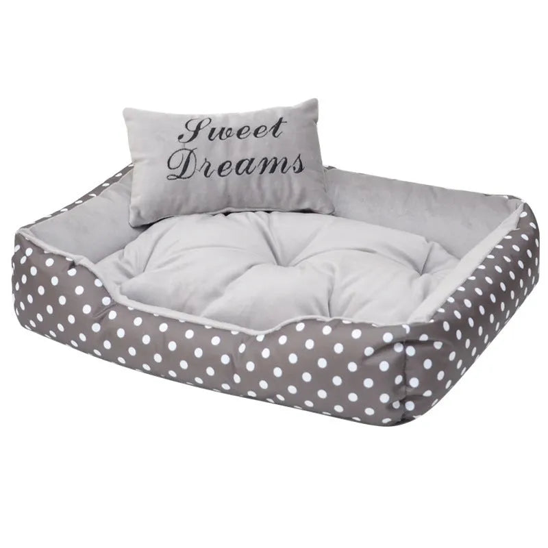 Polka dot print square cloth dog bed for small dogs with matching embroidery pillow in grey colour.
