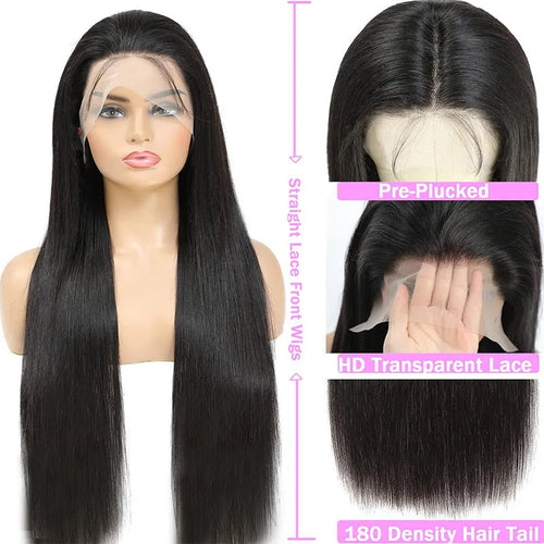 A black 13x6 straight lace front human hair wig displayed on a mannequin head, showing the natural hairline.
