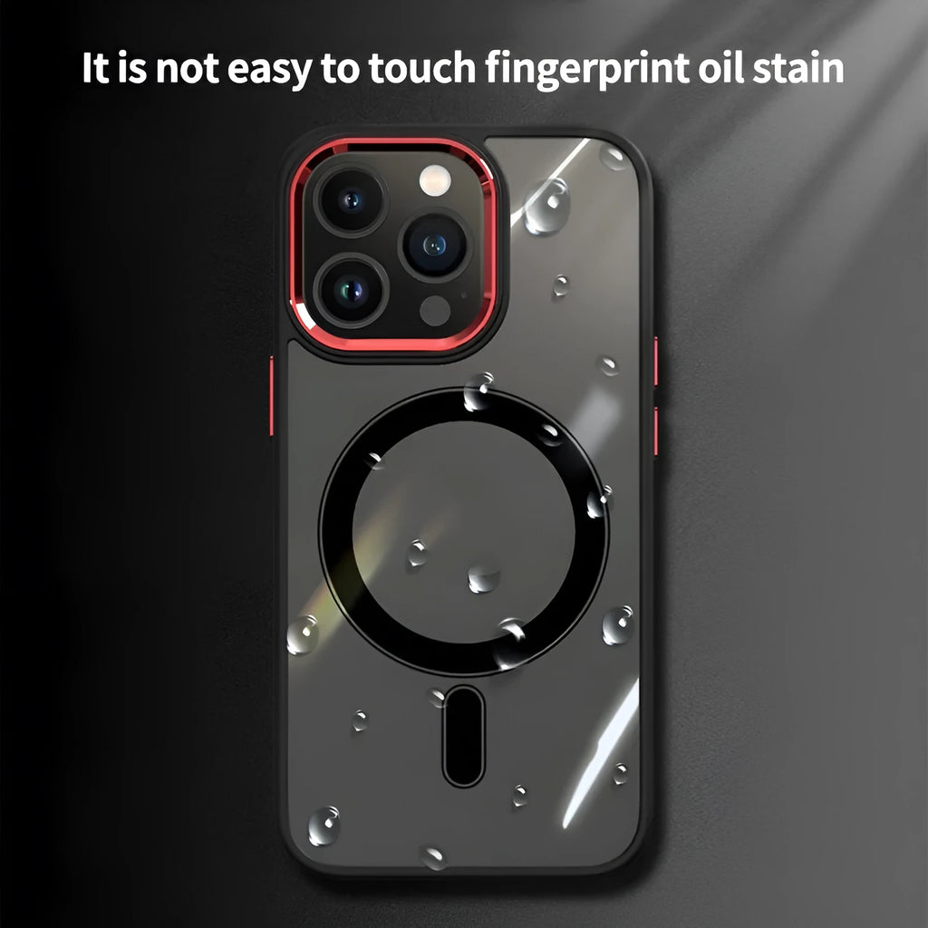 Magnetic iPhone case with acrylic cover and metal lens frame, black edge and red frame, for iPhone 11 to 15 Pro Max