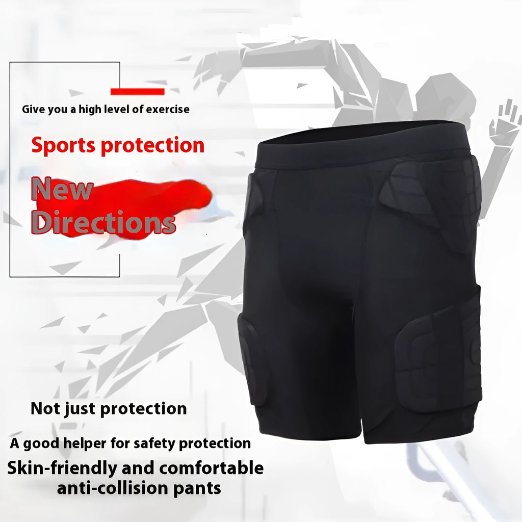Black anti-collision sports pants for basketball and rugby, adult sizes M to 2XL, polyester spandex blend, waist protection.