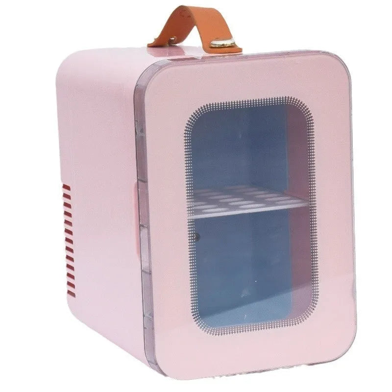 Pink dual-use mini refrigerator with transparent door showing 6L capacity for car and home cooling and heating