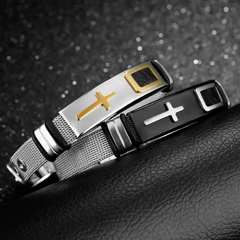 Adjustable 3D cross bracelet in stainless steel mesh chain, gold or black, about 24g, for women and men