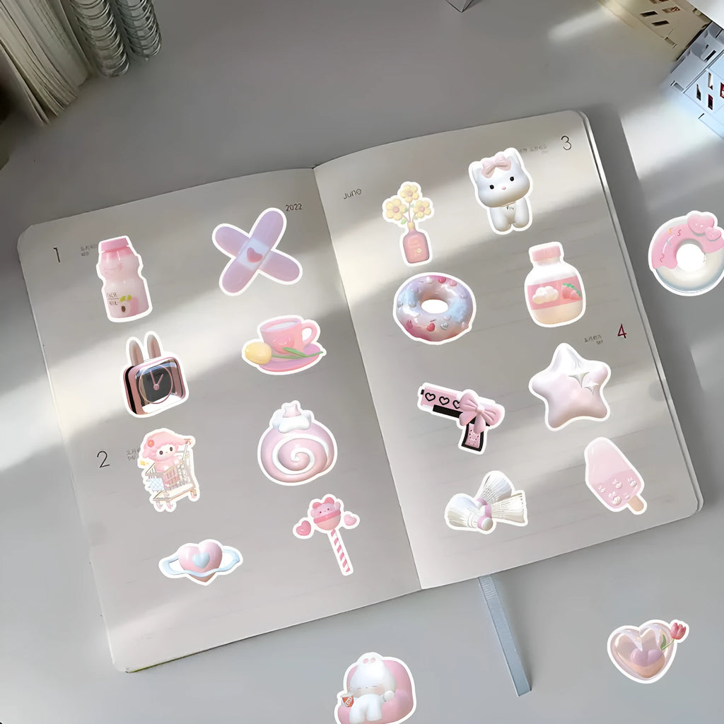 Pink girl heart 3D decorative stickers in light colours with realistic printing for craft and journal projects