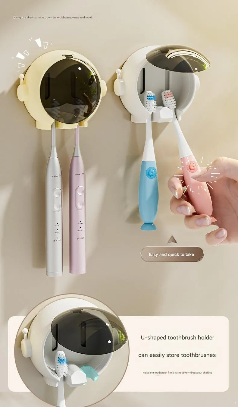 Cartoon wall-mounted no-drilling bathroom storage rack holding electric children's toothbrushes in pink