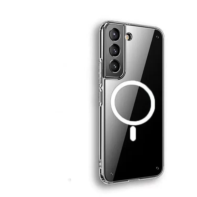 Transparent magnetic phone case for Samsung Galaxy with MagSafe compatibility showing magnetic ring