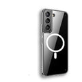 Transparent magnetic phone case for Samsung Galaxy with MagSafe compatibility showing magnetic ring