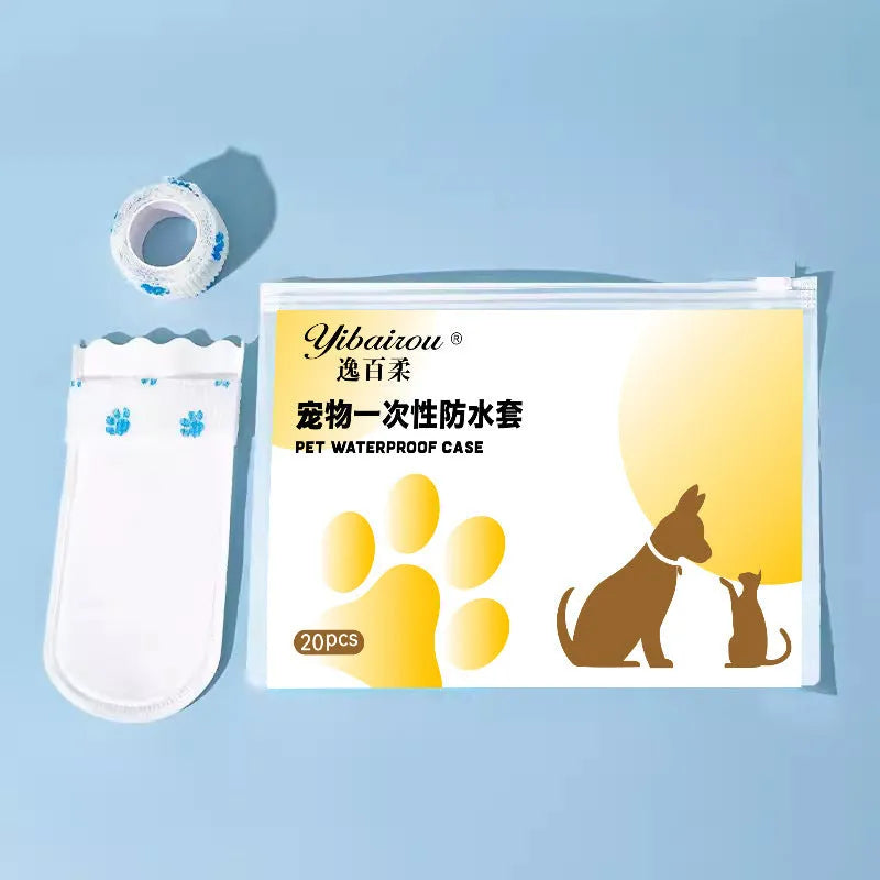 Pack of white disposable waterproof shoe covers for dogs on a non-slip sole.