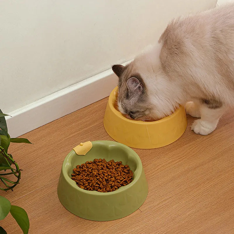 Green plastic pet double bowl with food and water compartments showing anti-tipping design