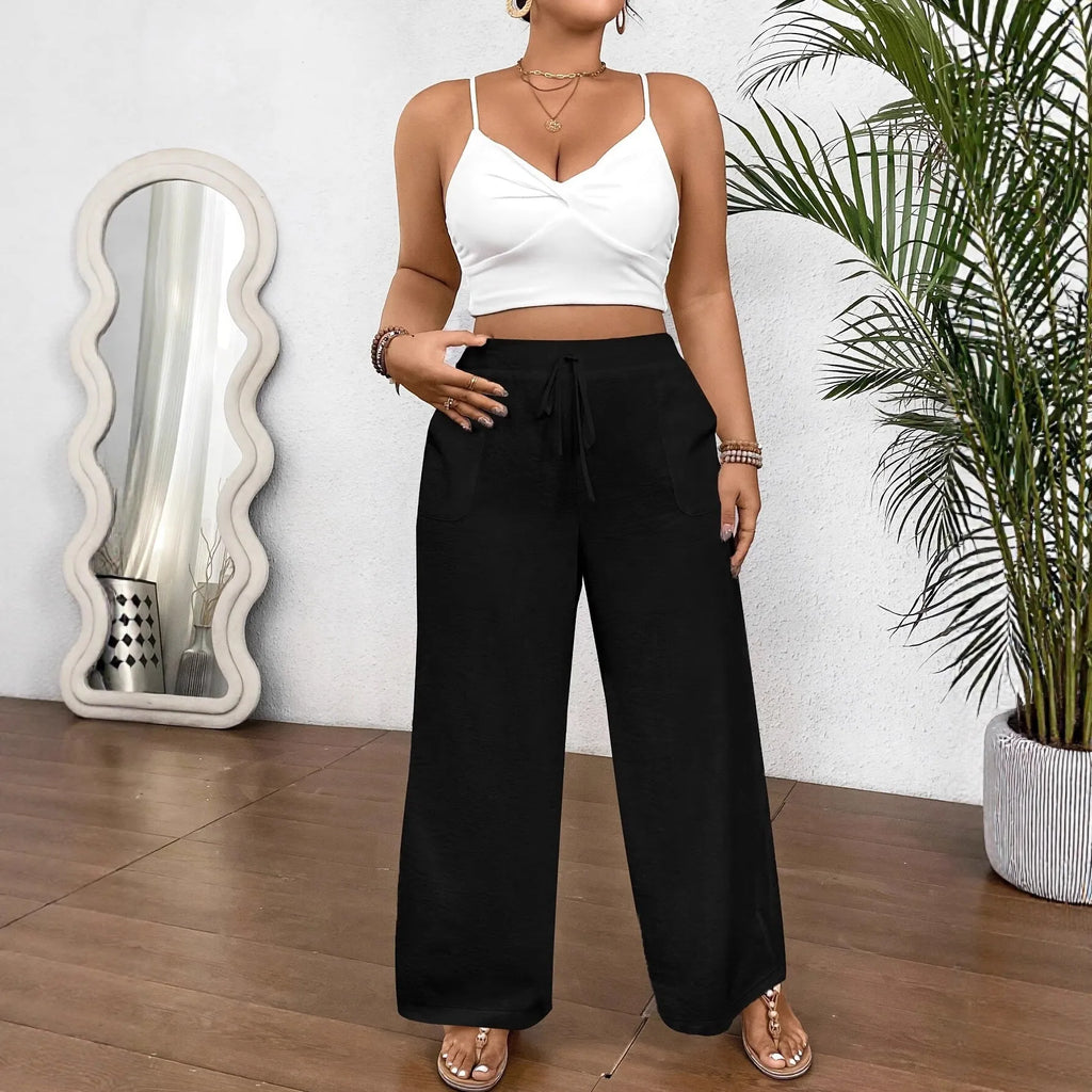 Women's loose wide leg drawstring trousers in khaki or black, polyester, sizes 0XL to 4XL