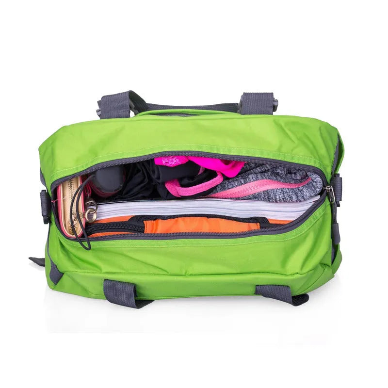 Nylon yoga gym bag showing medium and large size options in various colours including black, blue, green, pink, purple, and red