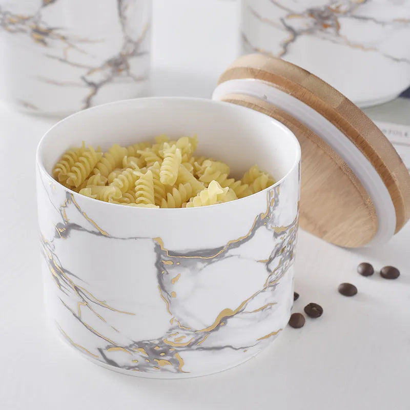 Marbled ceramic airtight jar with wooden lid in large, medium, and small sizes for kitchen storage