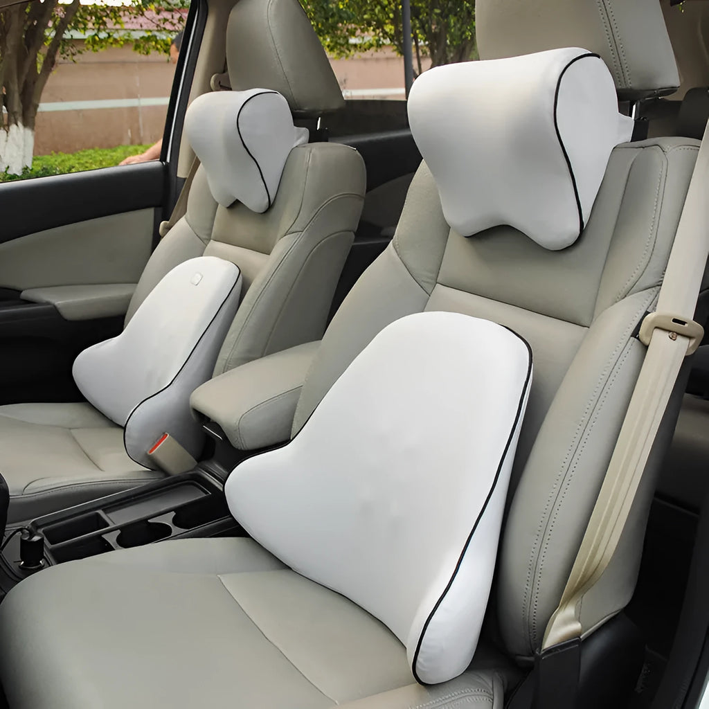 Memory foam car headrest in light grey with twill polyester cover measuring 26x23x12cm