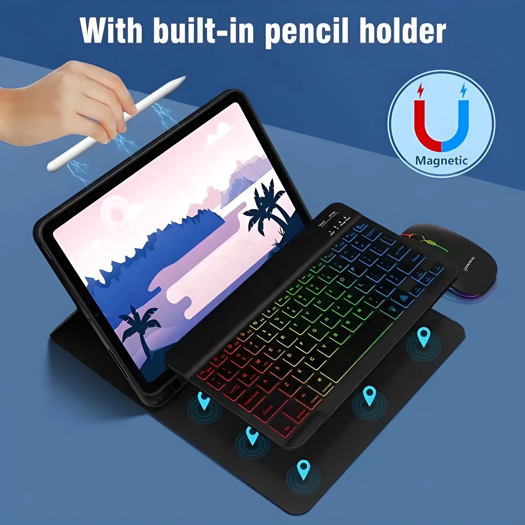 iPad protective leather case with luminous RGB backlit Bluetooth keyboard and optional mouse in various colours