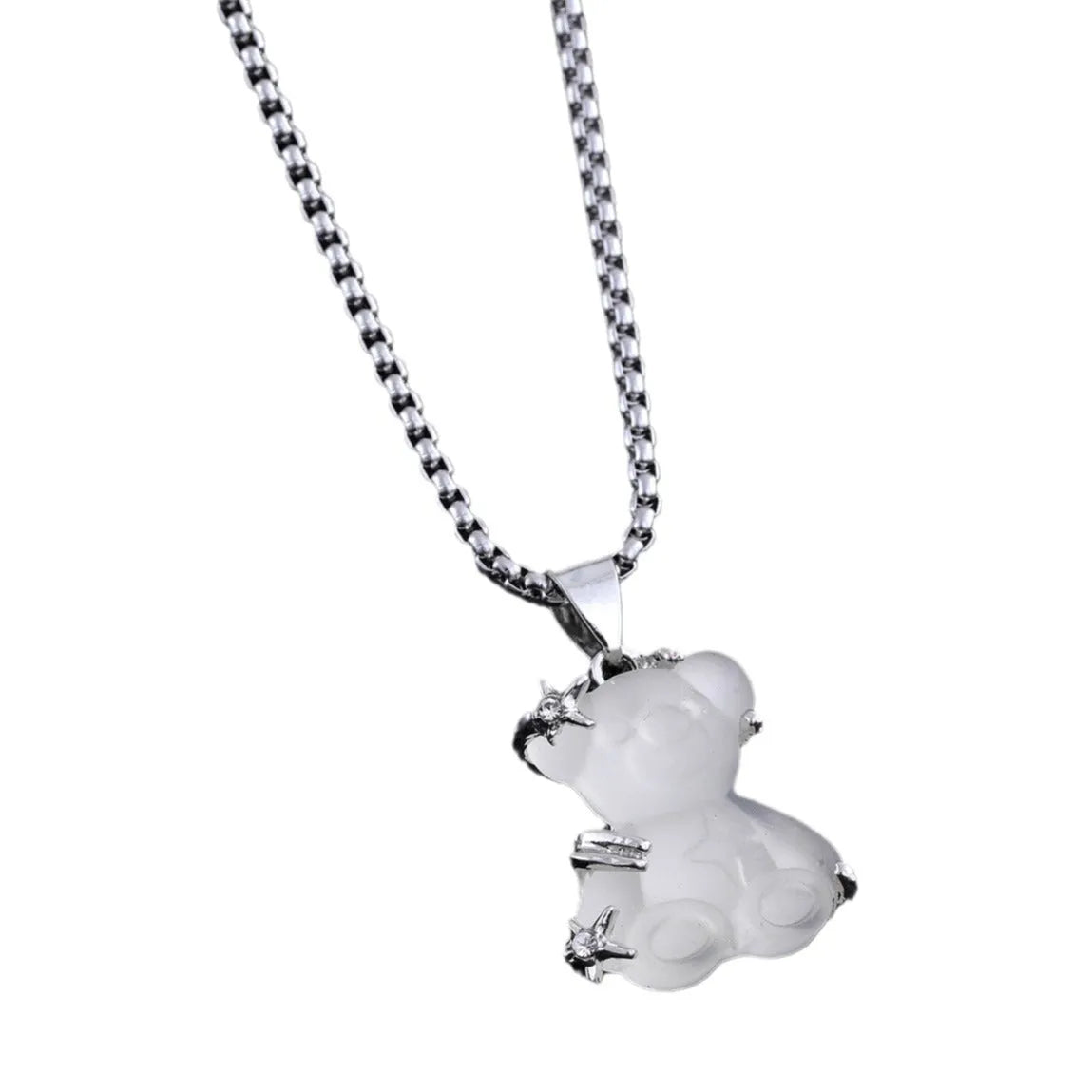 Little bear pendant necklace with white K-colour alloy charm and titanium steel lock chain for casual wear