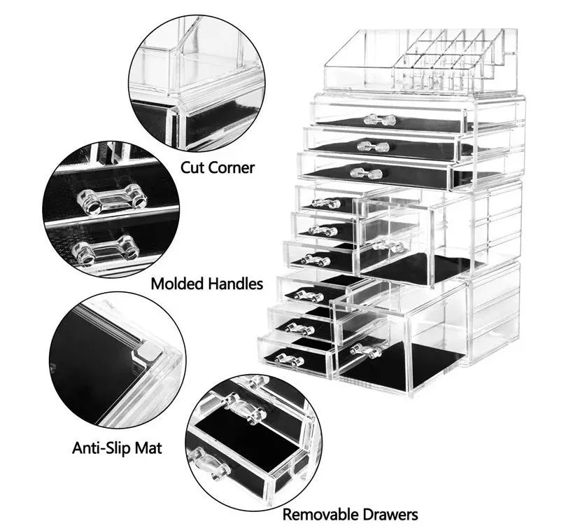Acrylic three-layer cosmetics storage box in transparent finish with organised compartments on a dressing table