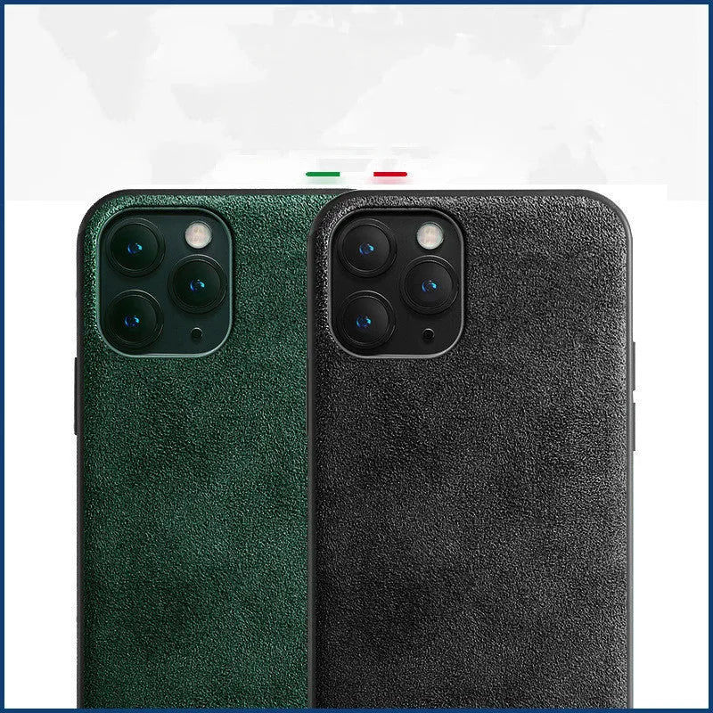 Suede mobile phone case for iPhone in dark blue, dark night green, or elegant black.