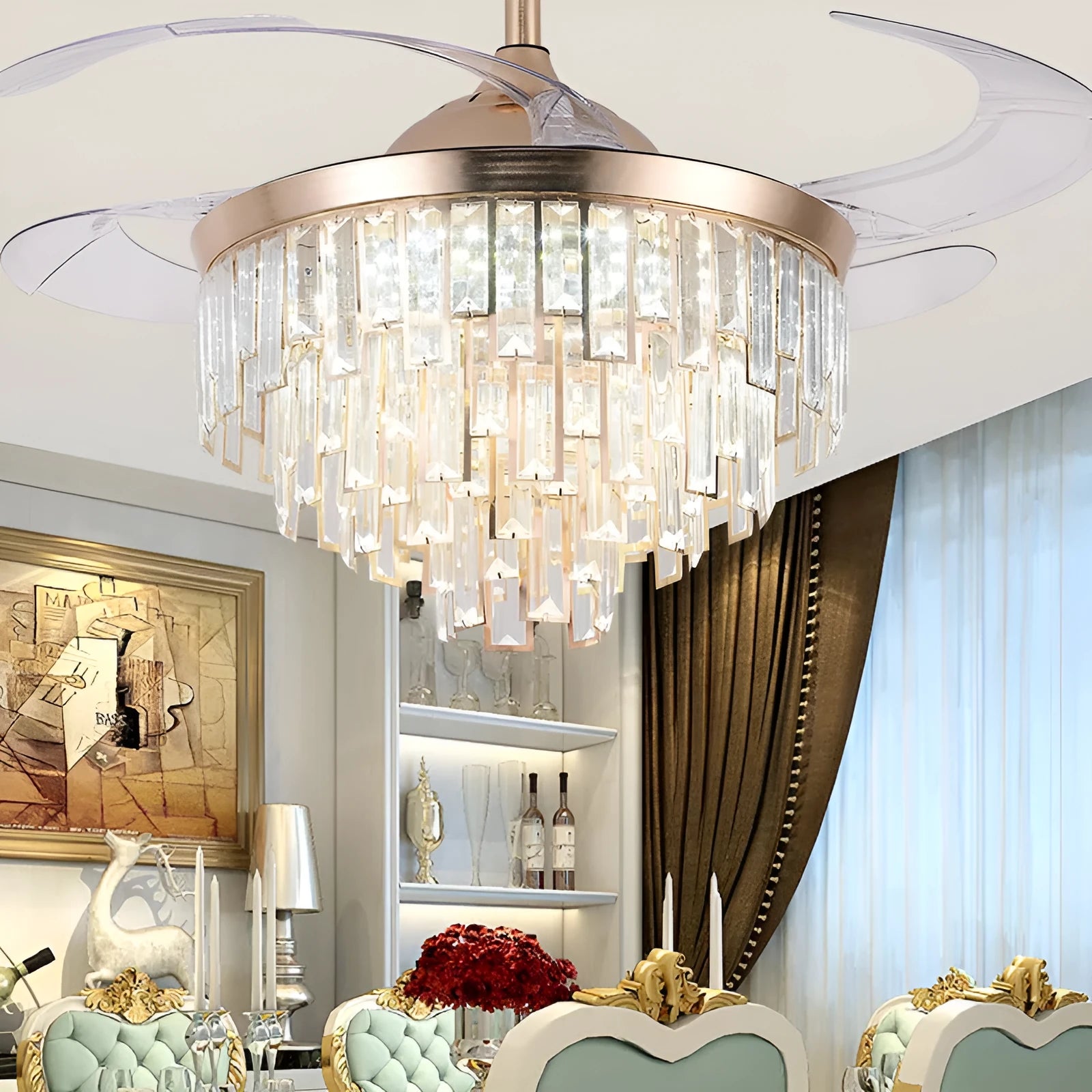 Invisible ceiling fan lamp with ABS blades and crystal lampshade in 42 inch size for living room