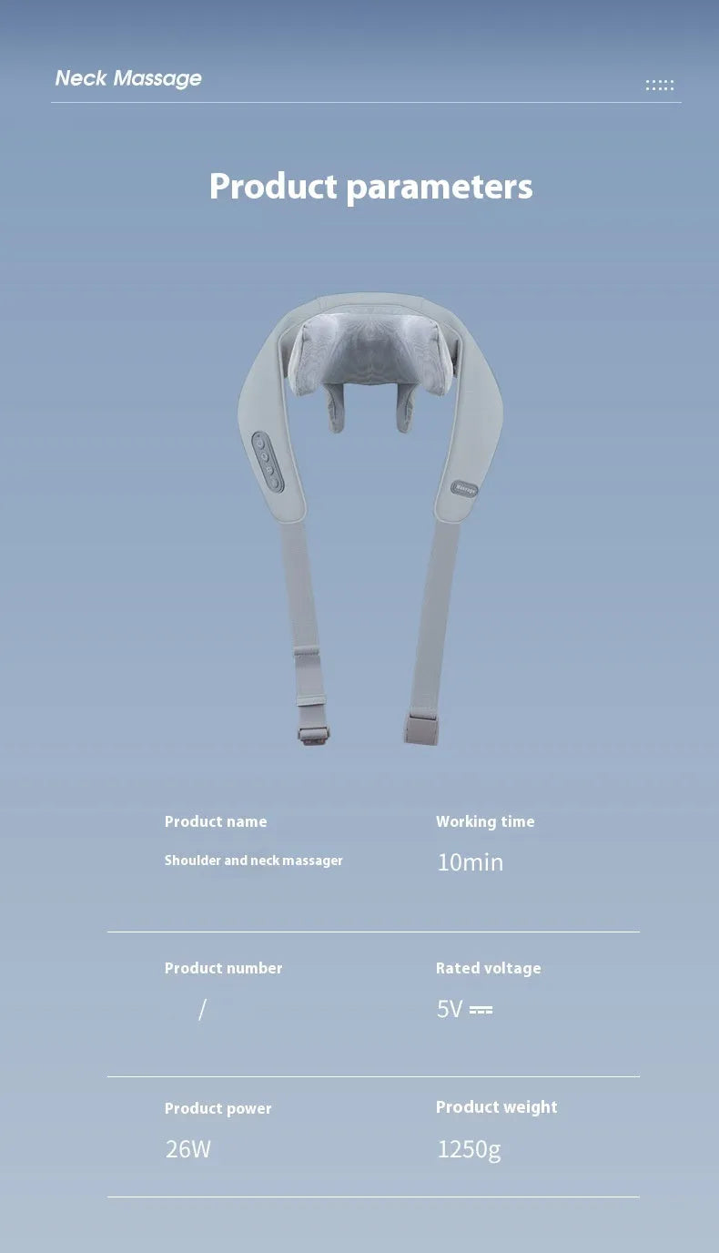 Grey elastic fabric USB rechargeable neck and back massage instrument with two gears.