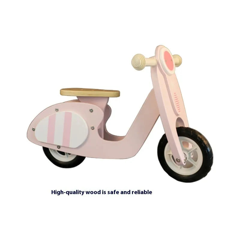Pink wooden balance scooter for toddlers with 10 inch wheels