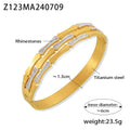 Gold electroplated titanium steel hollow splicing casual bracelet for women, open cuff design on white background