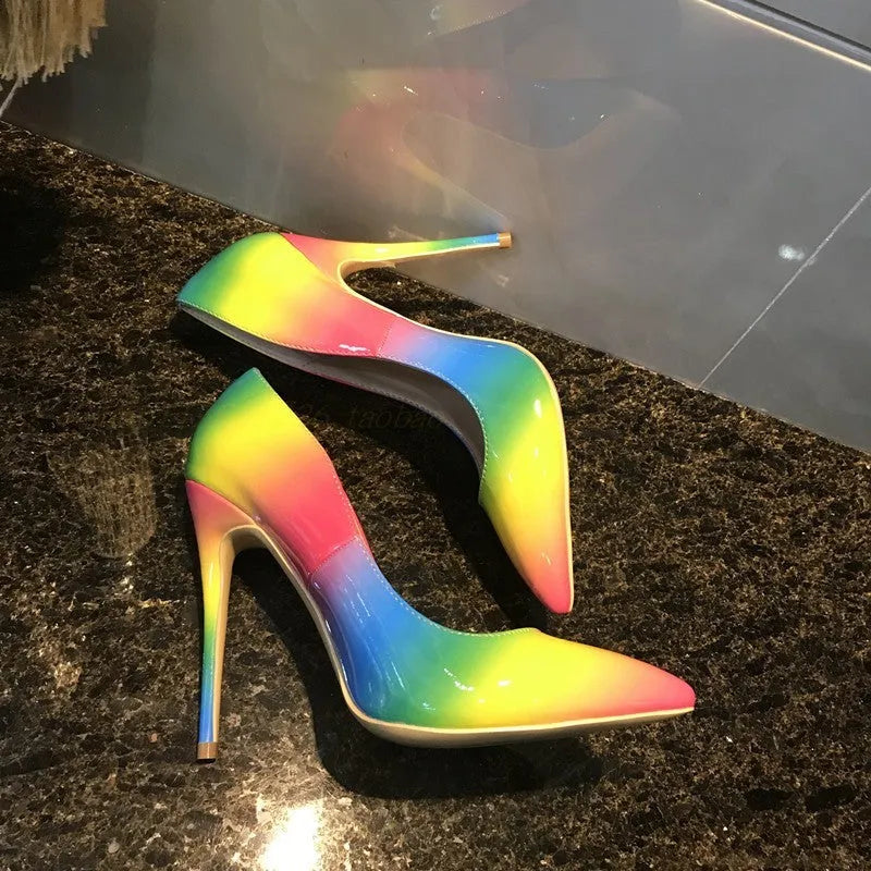 Rainbow patent leather women's high heels with pointed toe and stiletto heel