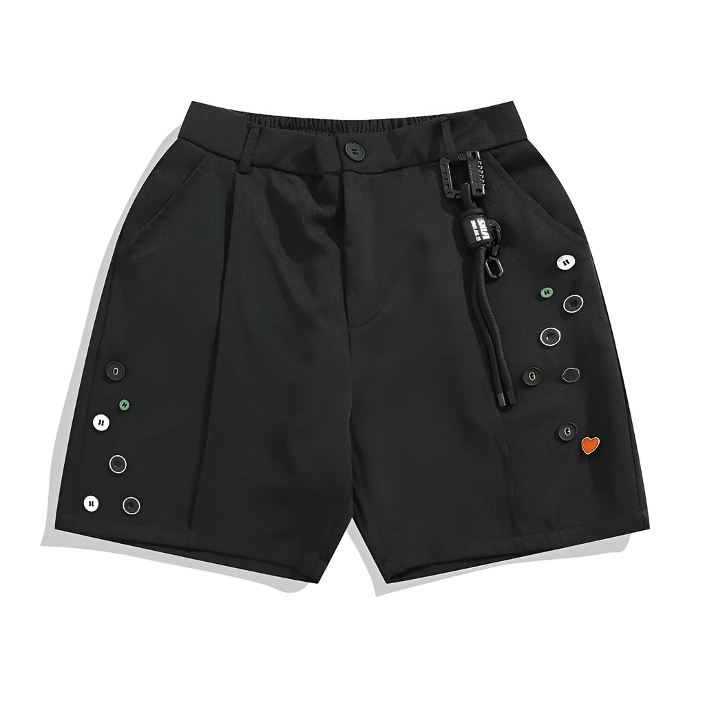 Black loose-fit men's shorts with a semi-elastic waist, zipper fly, and a colour button.