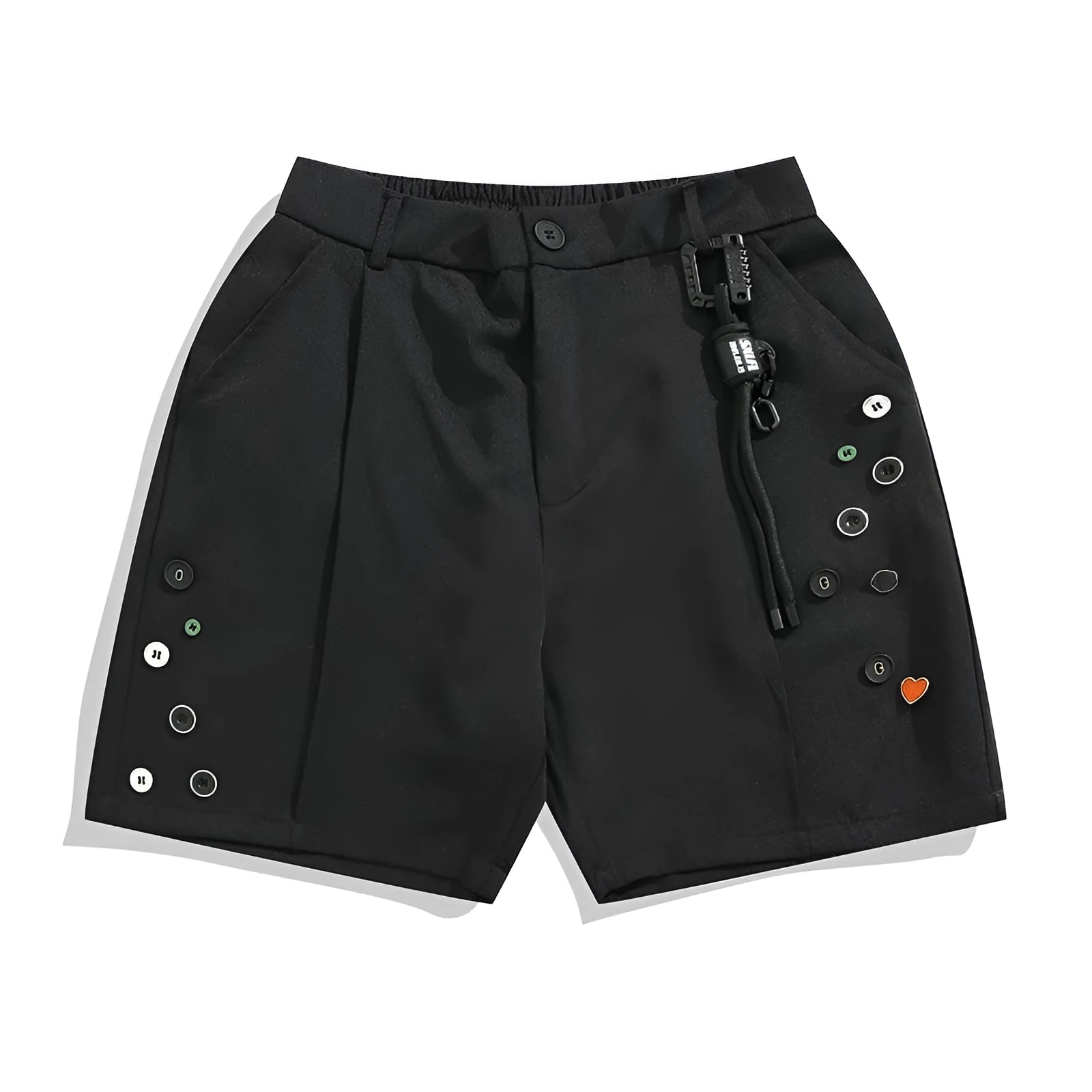 Black loose-fit men's shorts with a semi-elastic waist, zipper fly, and a colour button.