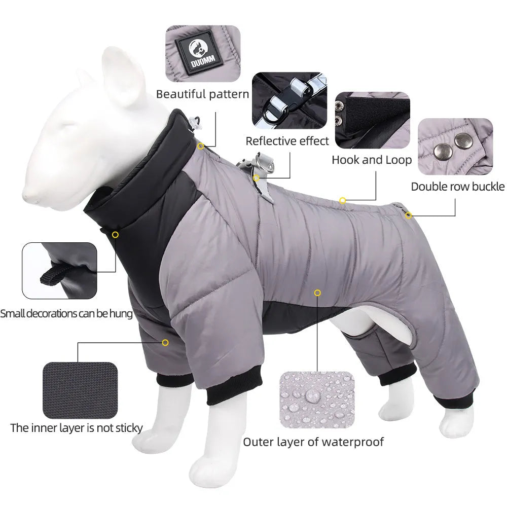 Winter thicken dog coat four-legged style fleece lining reflective flat rope for small to medium dogs