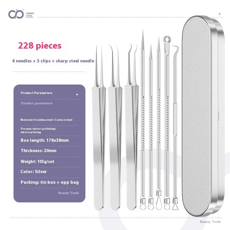 Four metal acne needle tools with pointed tips on a white background.