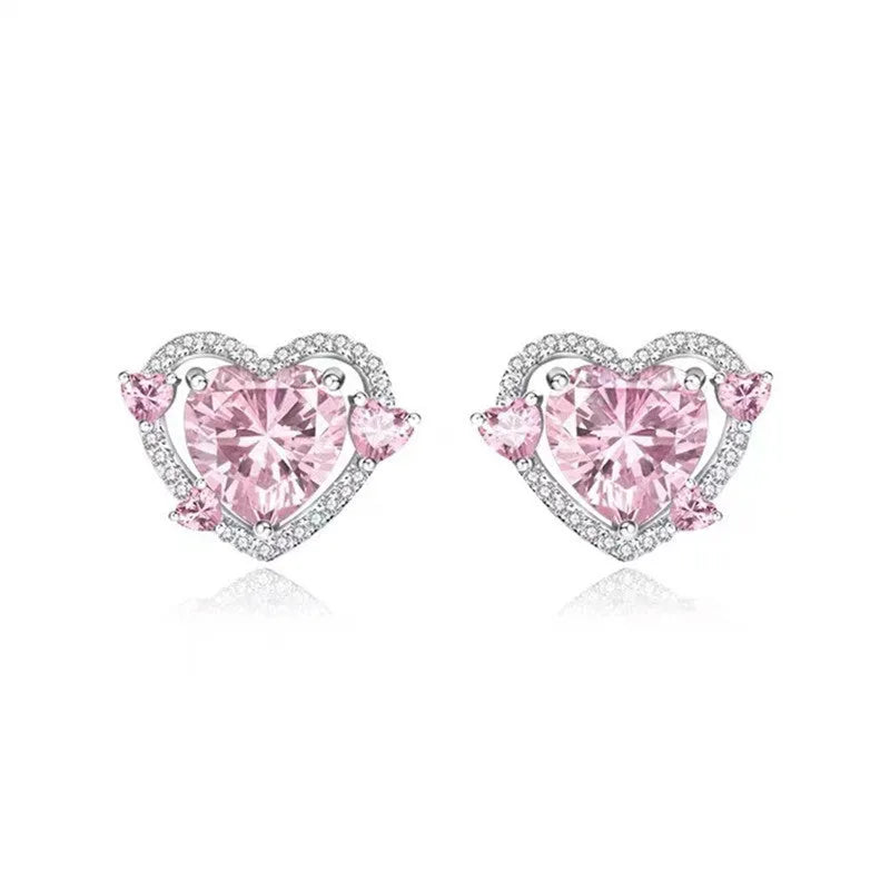 Women's heart stud earrings with electroplated white K finish on copper