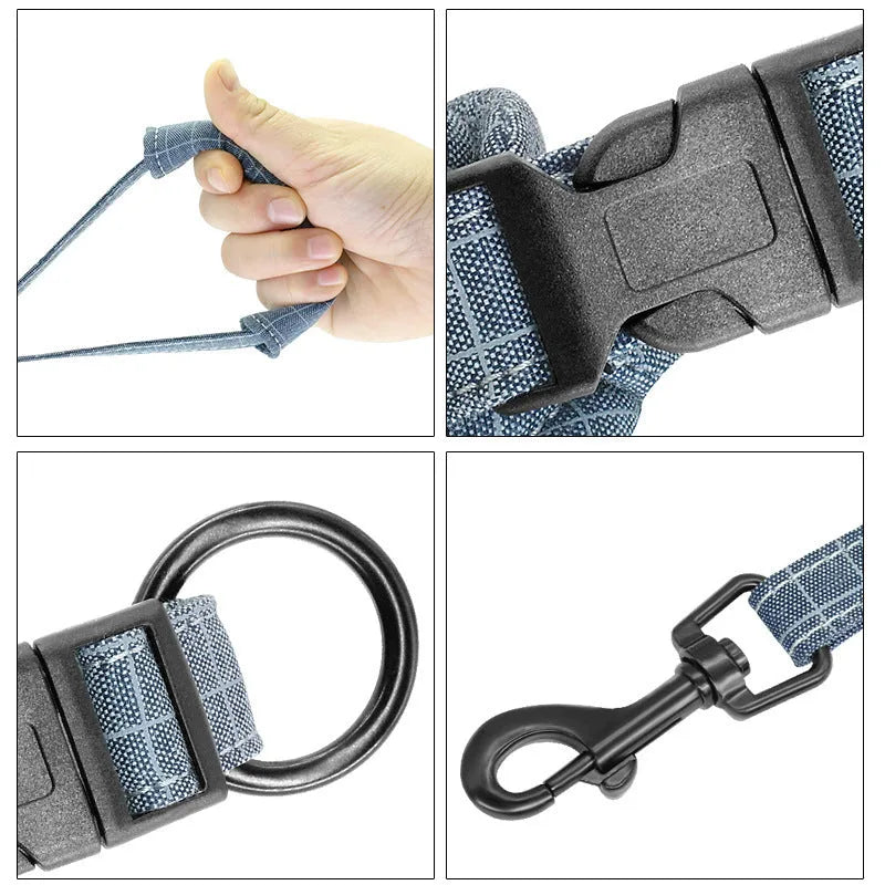 Vest-style rope leash and chest strap set for cats and small dogs in wine red, plaid blue, dark blue, and heather grey, sizes XS to XL.