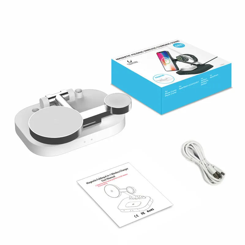 Folding wireless charger in black plastic with Type-C cable, set on a desk
