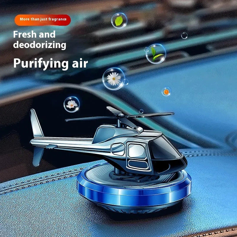 Metal solar-powered rotating helicopter car perfume ornament in three colour options