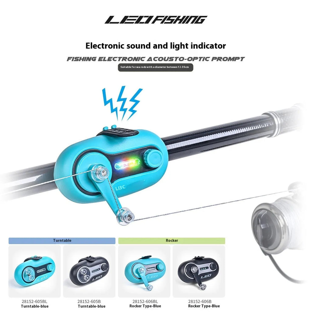 Automatic night fishing rod alarm with signal lamp, blue or black wheel or rocker style