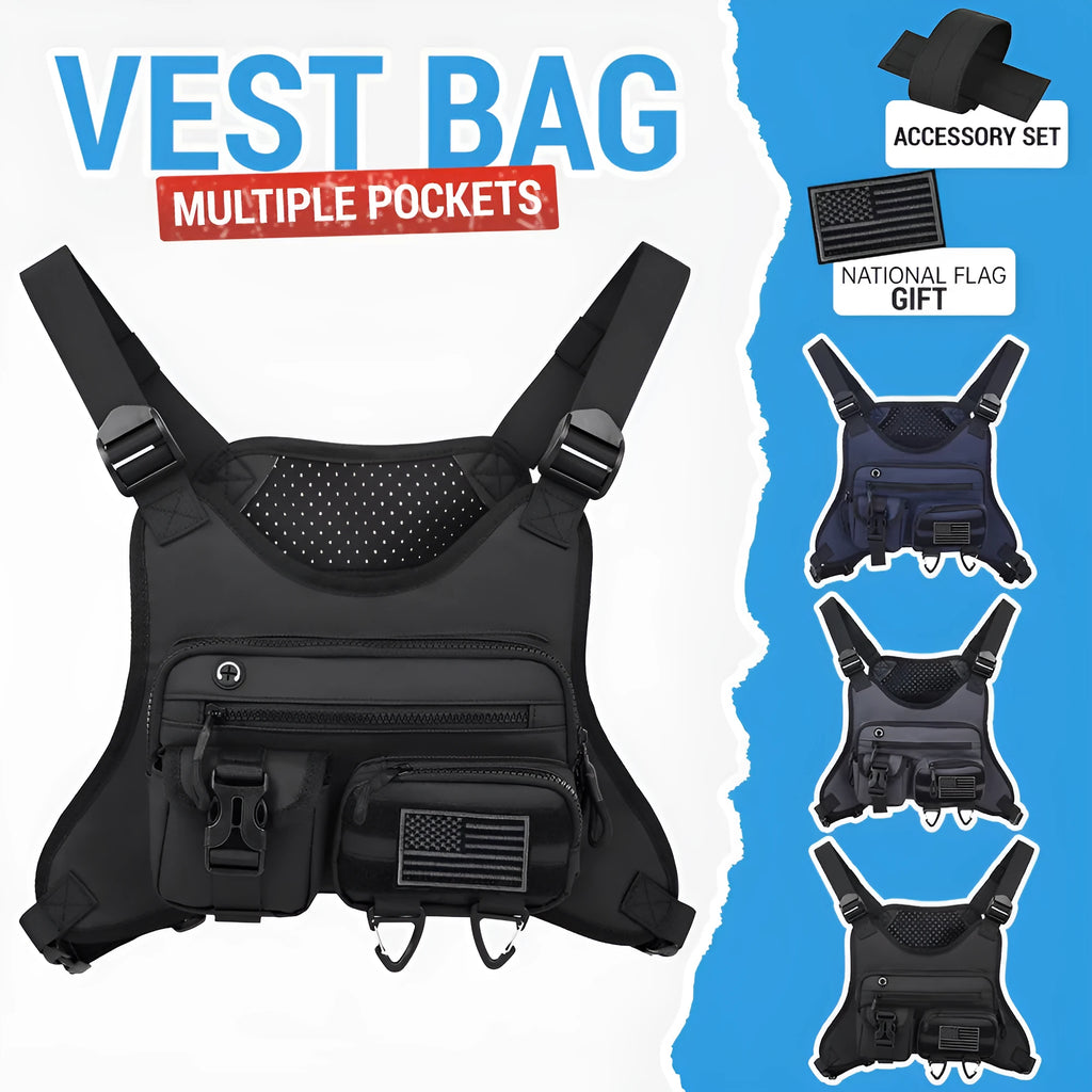 A man wearing a black Oxford cloth chest bag vest with adjustable straps, suitable for riding and outdoor sports.