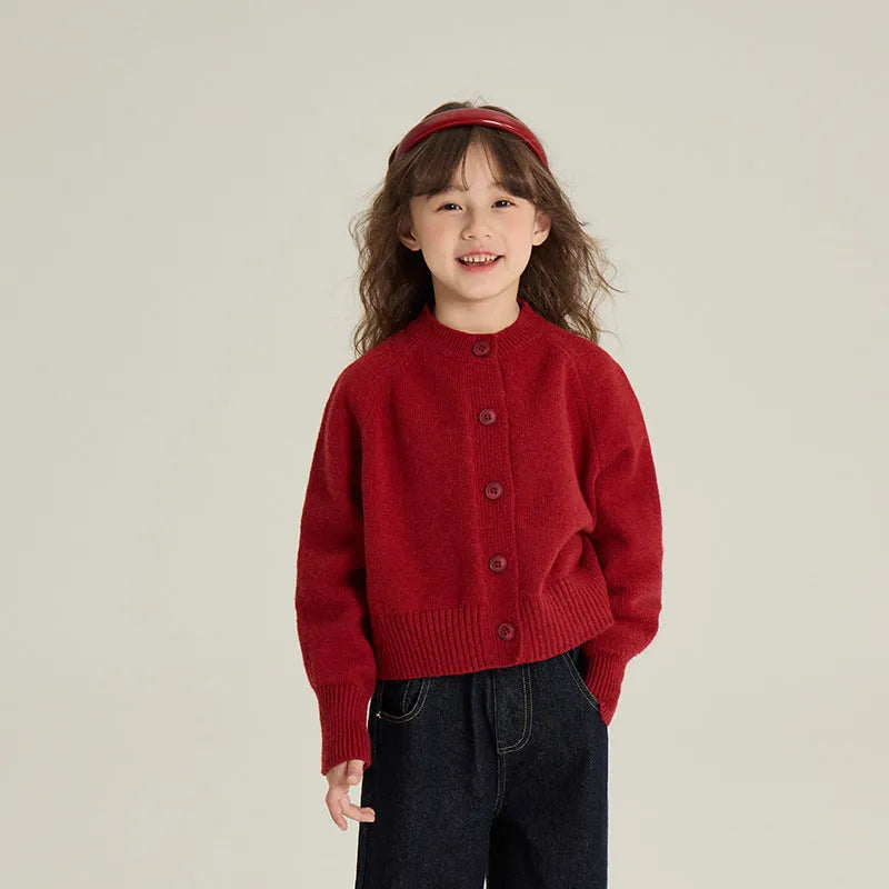 Girl's red knitted cardigan, Korean style, single-breasted, long sleeve, sizes 90cm to 160cm