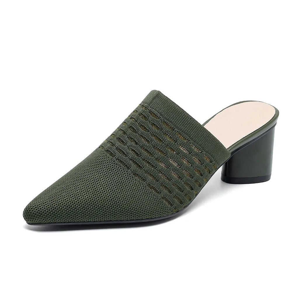 Women's pointed toe cap sandals with chunky 5cm heel in fishing line colours on rubber sole