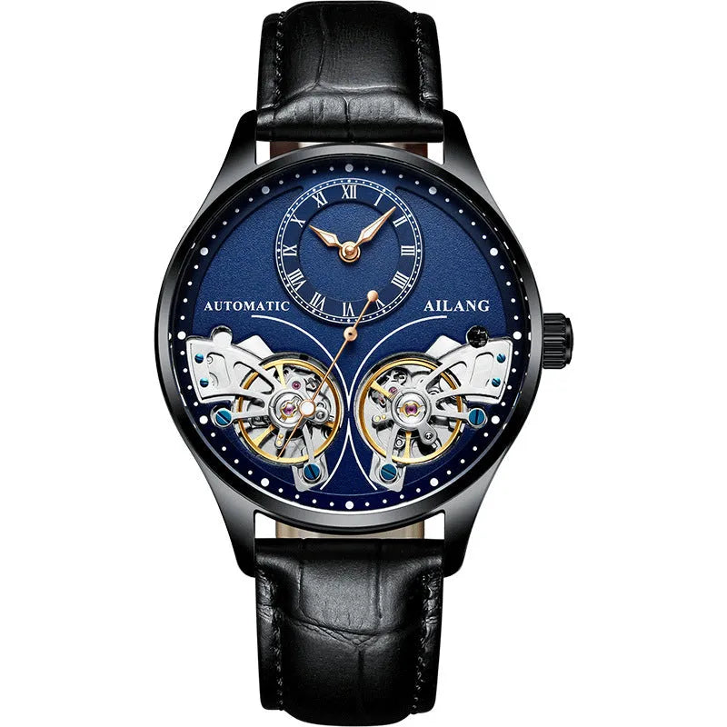 Automatic men's watch with tourbillon and moon phase on black steel strap