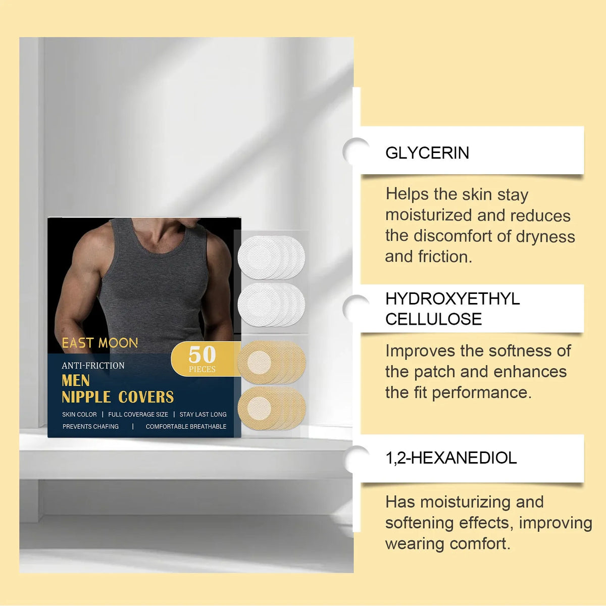 Men's anti friction chest patch pack of 50 self-adhesive stickers for running and gym use