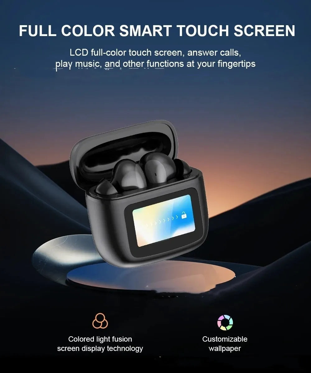 Wireless in-ear Bluetooth headset in black, silver or champagne with touch control, colour screen and 15 metre range