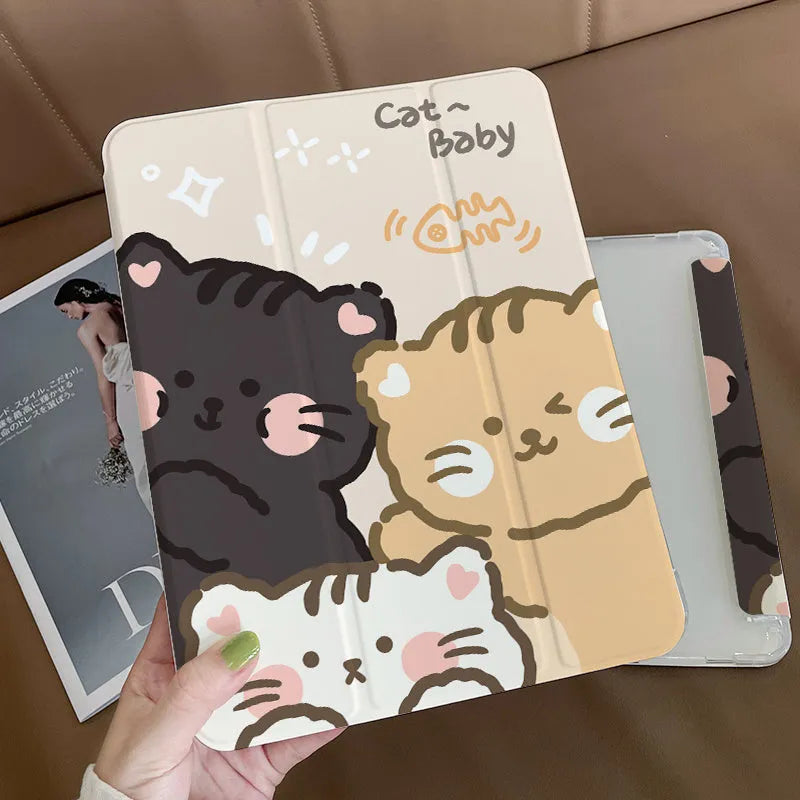 Rabbit cartoon design on a flat tri-fold silicone case for an iPad.