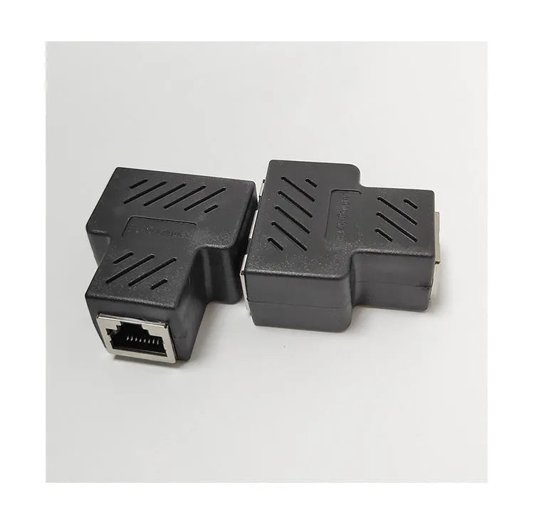 RJ45 network cable splitter adapter in five colour options showing tee configuration
