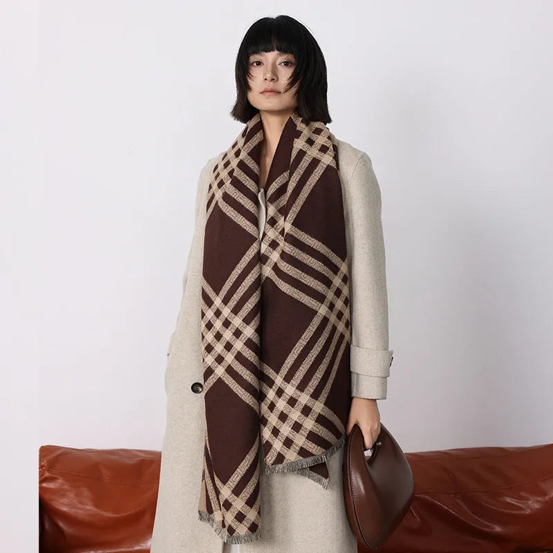 Qianjin imitation cashmere winter scarf with tassels in brown colour showing 185cm length
