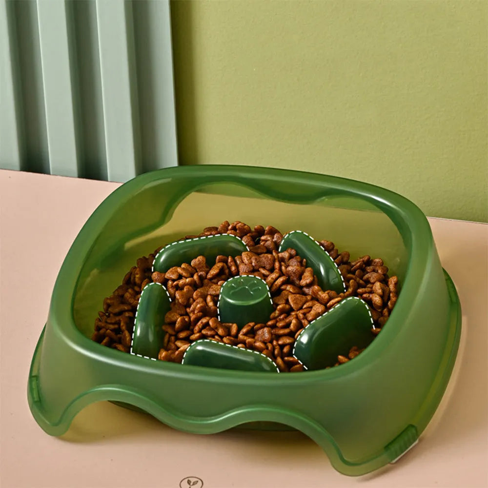 Plastic slow feeder dog bowl with maze pattern design in blue colour for anti-choking feeding